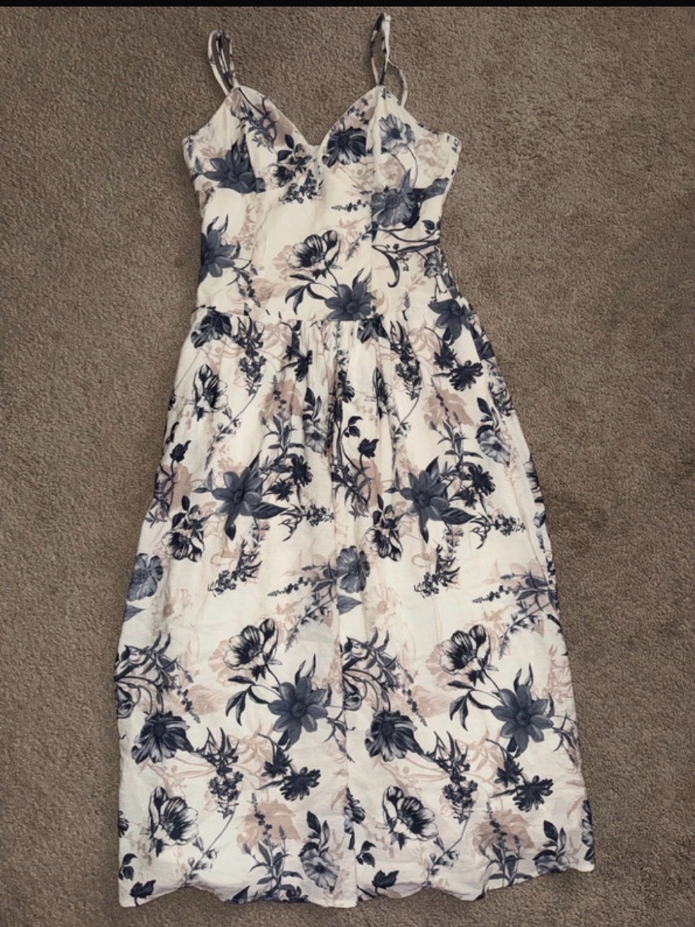 Storia White Floral Midi Dress with Navy and Blush Print
